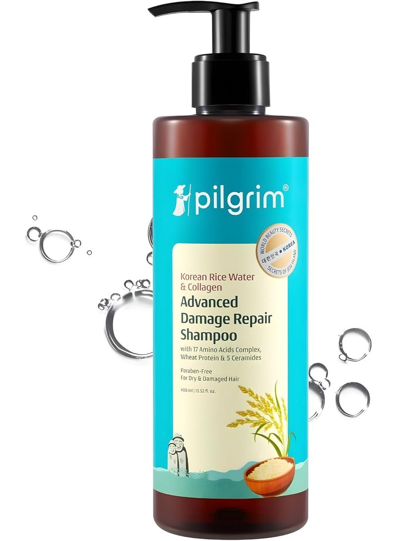 Pilgrim Korean Rice Water & Collagen Advanced Damage Repair Shampoo with 17 Amino Acids, Wheat Protein & 5 Ceramides Paraben-Free For Dry & Damaged Hair For Women and Men 400 ml (Pack of 1) Clear - Image 1